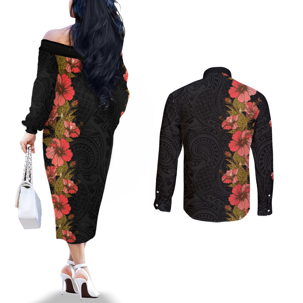Hawaii Tropical Flowers Tribal Pattern Couples Matching Off The Shoulder Long Sleeve Dress and Long Sleeve Button Shirt No4 LT9 - Polynesian Pride