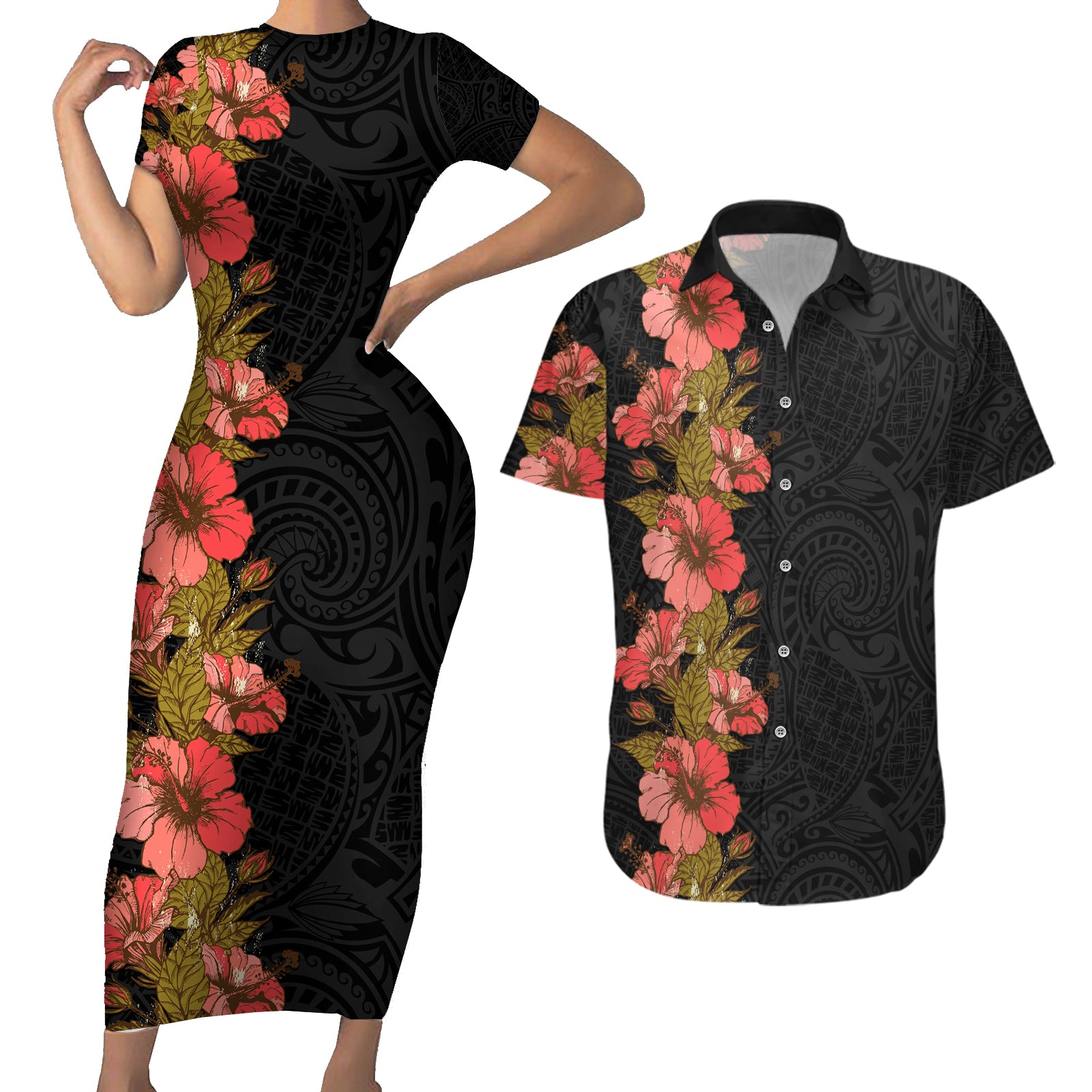 Hawaii Tropical Flowers Tribal Pattern Couples Matching Short Sleeve Bodycon Dress and Hawaiian Shirt No4 LT9 Black - Polynesian Pride