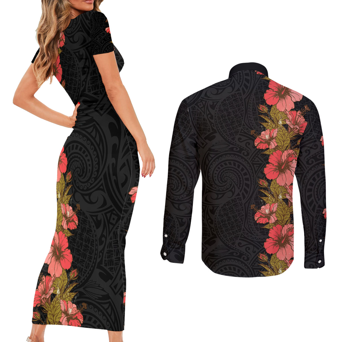 Hawaii Tropical Flowers Tribal Pattern Couples Matching Short Sleeve Bodycon Dress and Long Sleeve Button Shirt No4 LT9 - Polynesian Pride