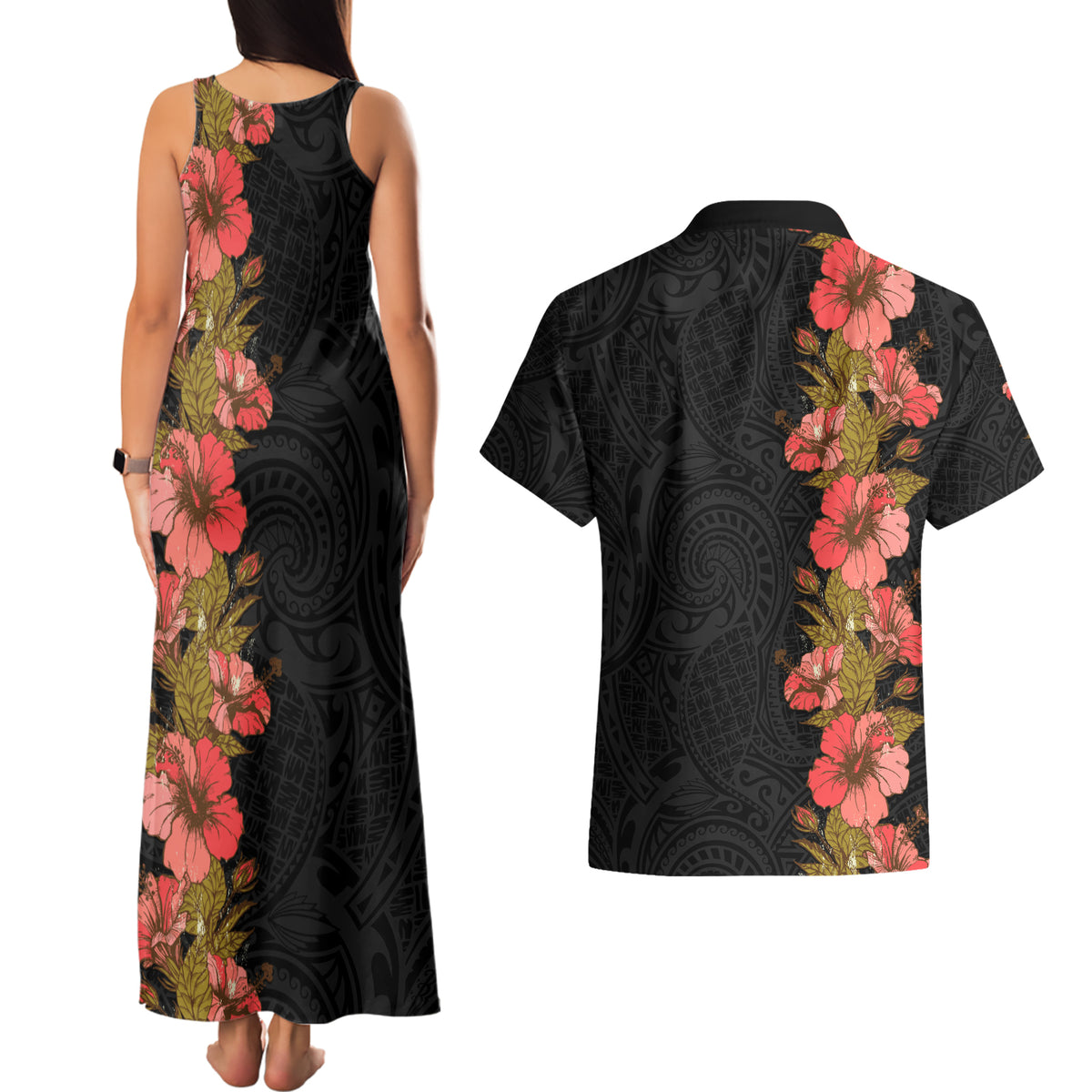 Hawaii Tropical Flowers Tribal Pattern Couples Matching Tank Maxi Dress and Hawaiian Shirt No4 LT9 - Polynesian Pride