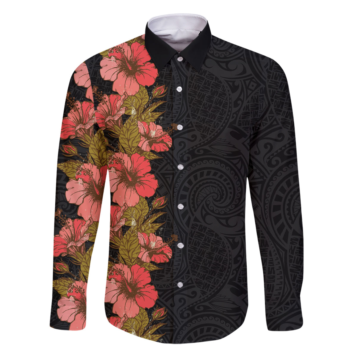 Hawaii Tropical Flowers Tribal Pattern Family Matching Long Sleeve Bodycon Dress and Hawaiian Shirt No4 LT9 Dad's Shirt - Long Sleeve Black - Polynesian Pride