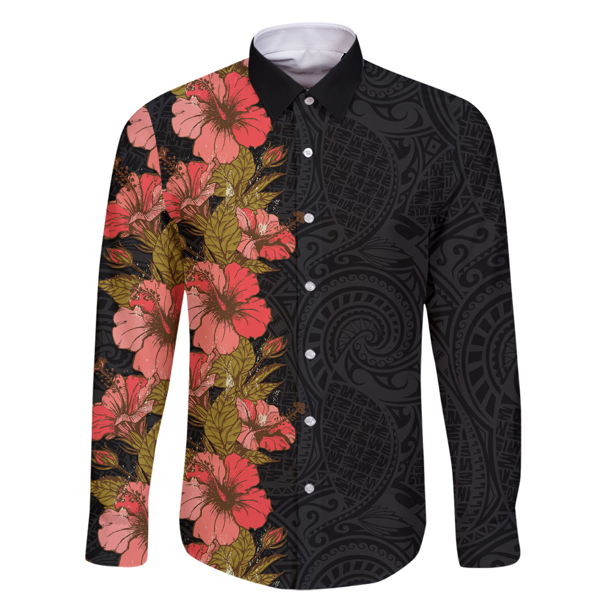 Hawaii Tropical Flowers Tribal Pattern Family Matching Puletasi and Hawaiian Shirt No4 LT9 Dad's Shirt - Long Sleeve Black - Polynesian Pride