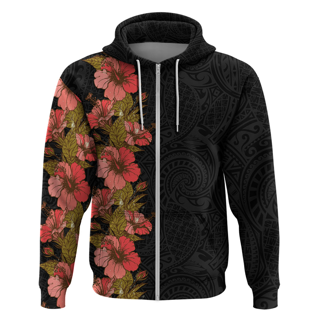 Hawaii Tropical Flowers Tribal Pattern Zip Hoodie No4 LT9 Zip Hoodie Black - Polynesian Pride