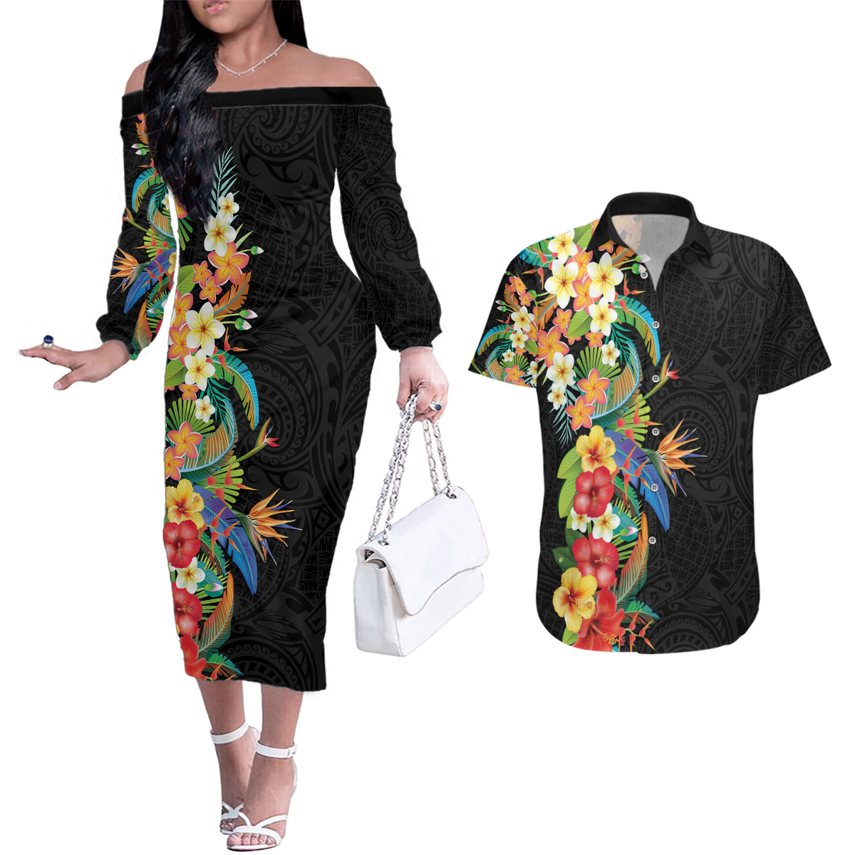 Hawaii Tropical Flowers Tribal Pattern Couples Matching Off The Shoulder Long Sleeve Dress and Hawaiian Shirt No5 LT9 Black - Polynesian Pride