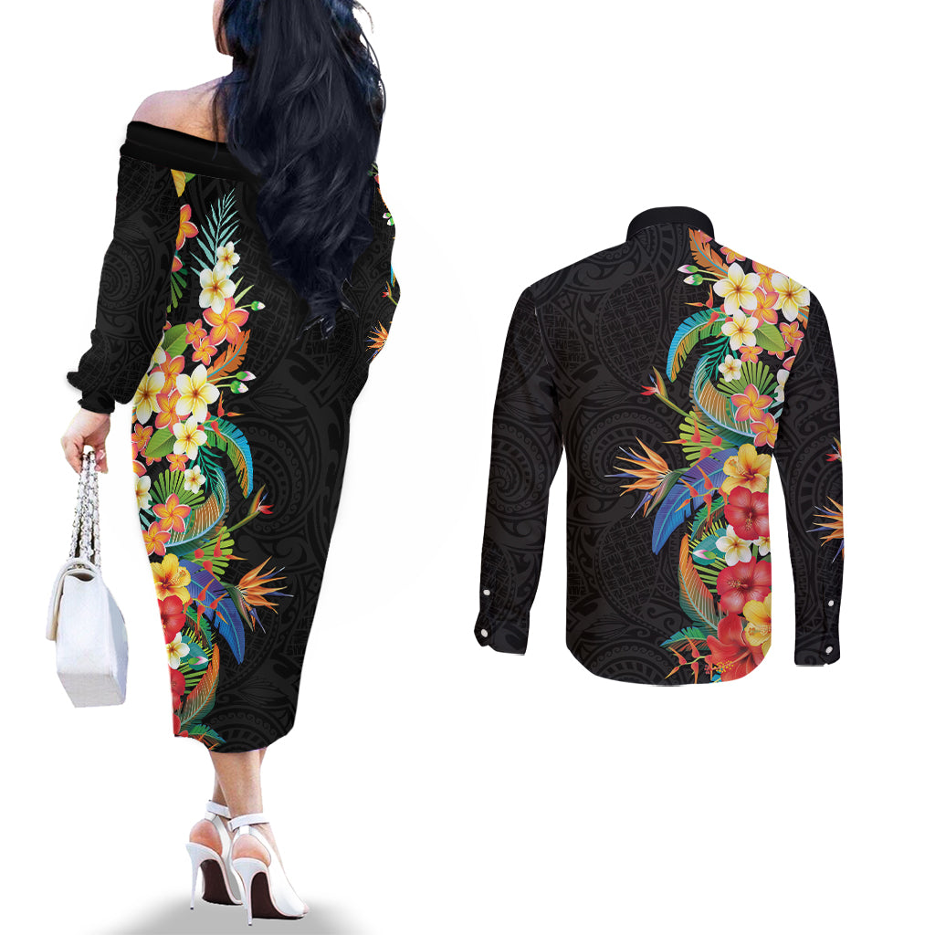Hawaii Tropical Flowers Tribal Pattern Couples Matching Off The Shoulder Long Sleeve Dress and Long Sleeve Button Shirt No5 LT9 - Polynesian Pride