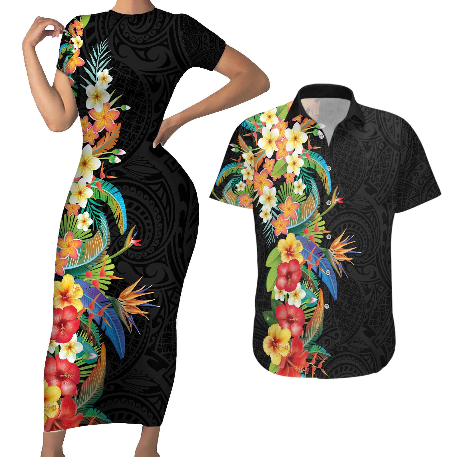 Hawaii Tropical Flowers Tribal Pattern Couples Matching Short Sleeve Bodycon Dress and Hawaiian Shirt No5 LT9 Black - Polynesian Pride