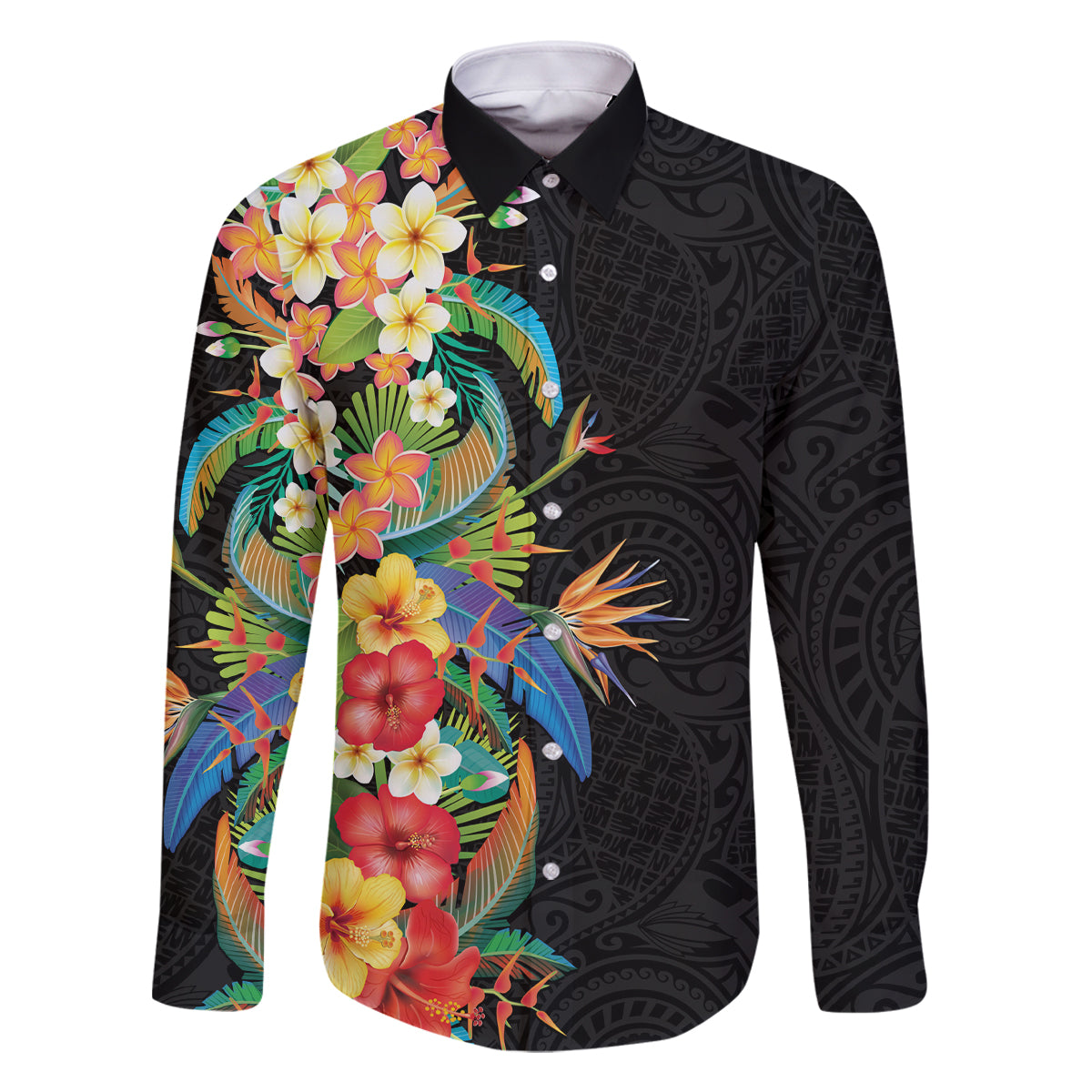 Hawaii Tropical Flowers Tribal Pattern Family Matching Long Sleeve Bodycon Dress and Hawaiian Shirt No5 LT9 Dad's Shirt - Long Sleeve Black - Polynesian Pride
