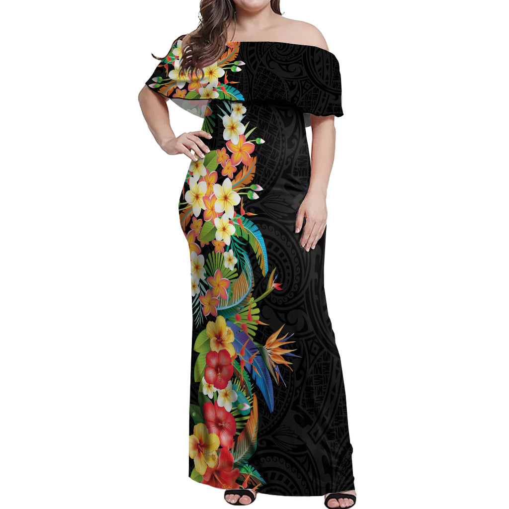 Hawaii Tropical Flowers Tribal Pattern Off Shoulder Maxi Dress No5 LT9 Women Black - Polynesian Pride