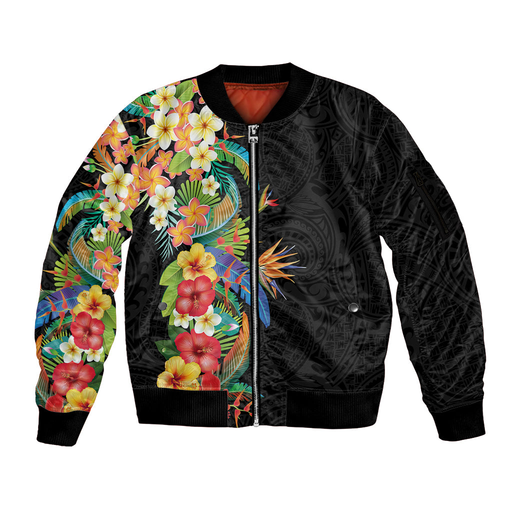 Hawaii Tropical Flowers Tribal Pattern Sleeve Zip Bomber Jacket No5 LT9 Unisex Black - Polynesian Pride