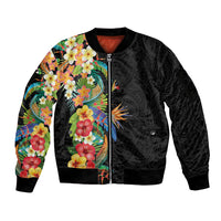 Hawaii Tropical Flowers Tribal Pattern Sleeve Zip Bomber Jacket No5 LT9 Unisex Black - Polynesian Pride