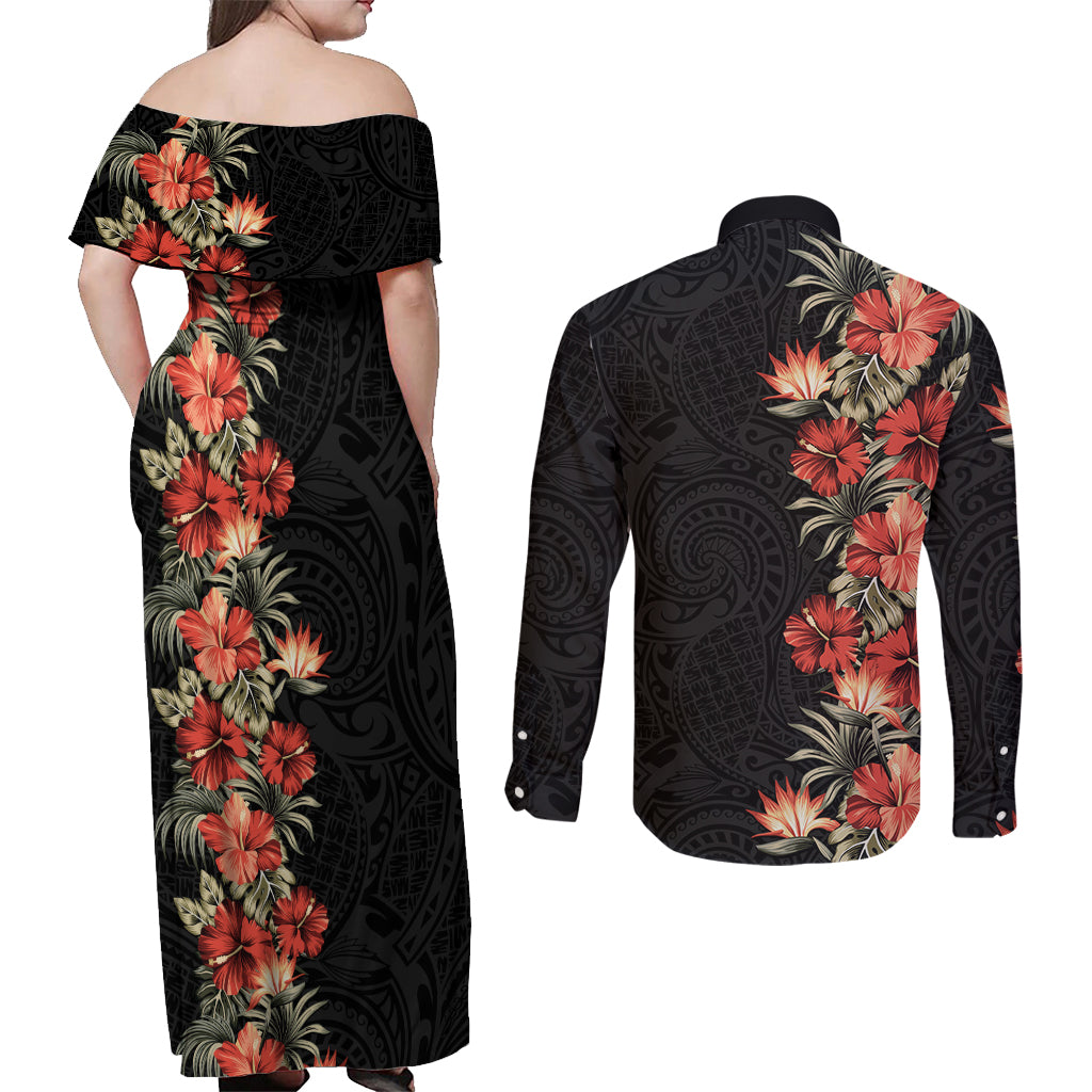 Hawaii Tropical Flowers Tribal Pattern Couples Matching Off Shoulder Maxi Dress and Long Sleeve Button Shirt No6 LT9 - Polynesian Pride