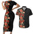 Hawaii Tropical Flowers Tribal Pattern Couples Matching Short Sleeve Bodycon Dress and Hawaiian Shirt No6 LT9 Black - Polynesian Pride