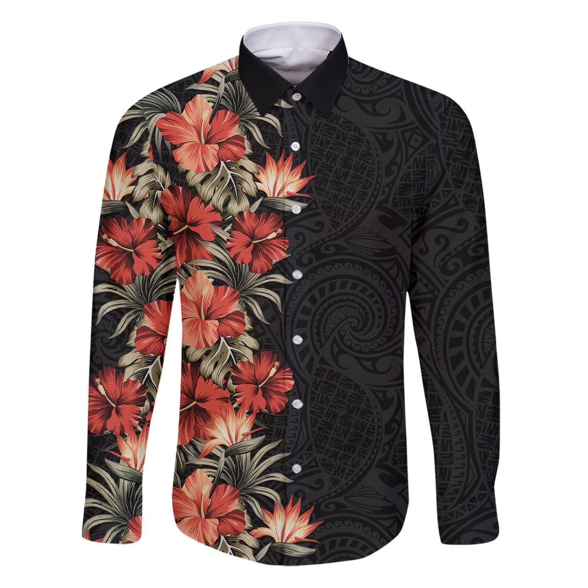 Hawaii Tropical Flowers Tribal Pattern Family Matching Puletasi and Hawaiian Shirt No6 LT9 Dad's Shirt - Long Sleeve Black - Polynesian Pride