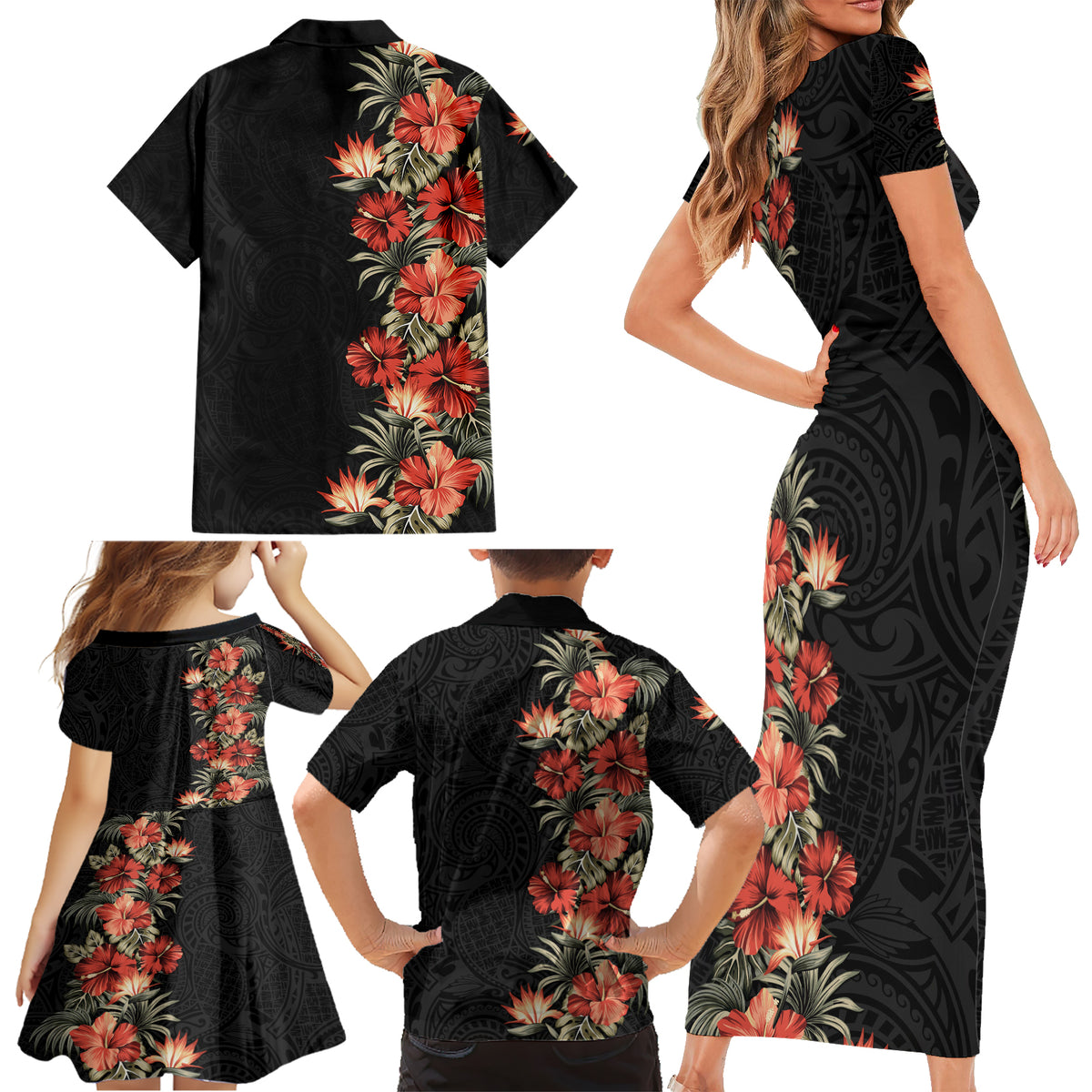 Hawaii Tropical Flowers Tribal Pattern Family Matching Short Sleeve Bodycon Dress and Hawaiian Shirt No6 LT9 - Polynesian Pride