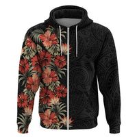 Hawaii Tropical Flowers Tribal Pattern Hoodie No6 LT9 Zip Hoodie Black - Polynesian Pride