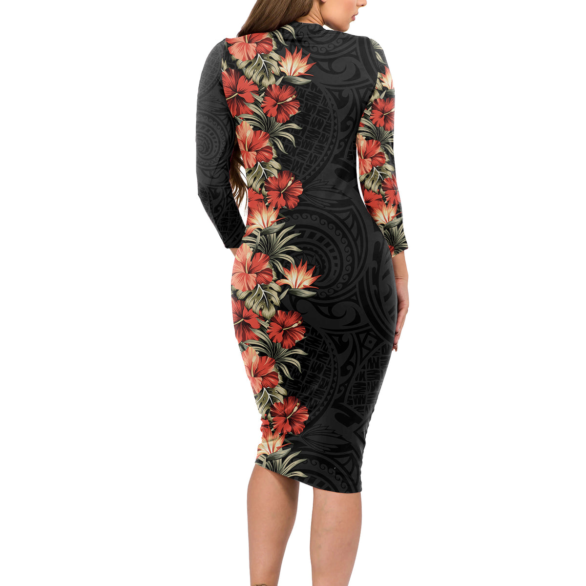 Hawaii Tropical Flowers Tribal Pattern Long Sleeve Bodycon Dress No6 LT9 - Polynesian Pride