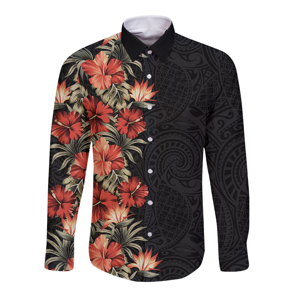 Hawaii Tropical Flowers Tribal Pattern Long Sleeve Button Shirt No6 LT9 Unisex Black - Polynesian Pride