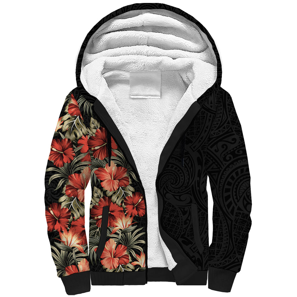 Hawaii Tropical Flowers Tribal Pattern Sherpa Hoodie No6 LT9 Unisex Black - Polynesian Pride