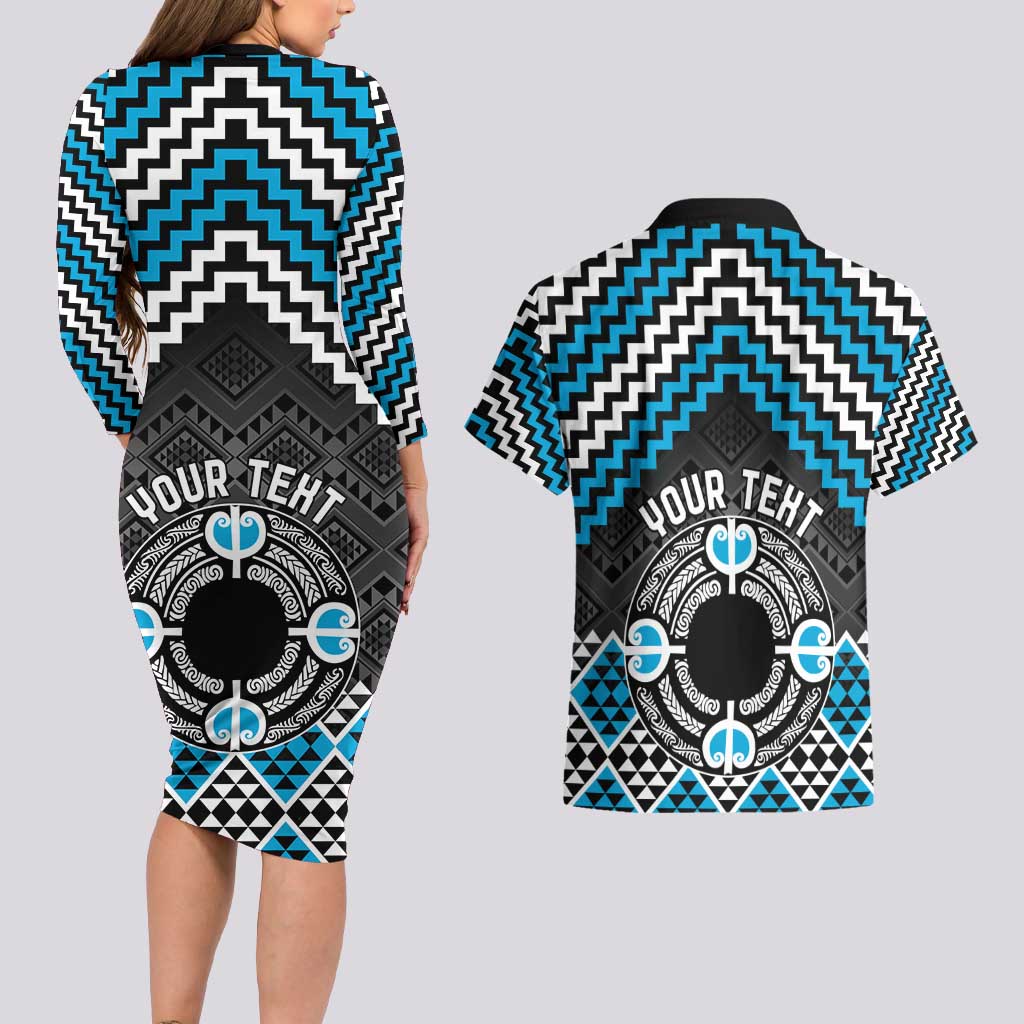 Personalised Aotearoa Niho Taniwha Motif Couples Matching Long Sleeve Bodycon Dress and Hawaiian Shirt Blue Style LT9 - Polynesian Pride