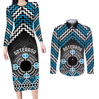 Personalised Aotearoa Niho Taniwha Motif Couples Matching Long Sleeve Bodycon Dress and Long Sleeve Button Shirt Blue Style LT9 Blue - Polynesian Pride