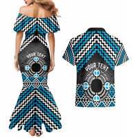 Personalised Aotearoa Niho Taniwha Motif Couples Matching Mermaid Dress and Hawaiian Shirt Blue Style LT9 - Polynesian Pride