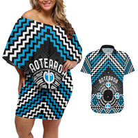 Personalised Aotearoa Niho Taniwha Motif Couples Matching Off Shoulder Short Dress and Hawaiian Shirt Blue Style LT9 Blue - Polynesian Pride