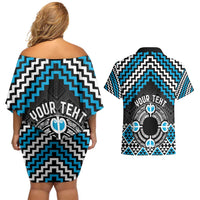 Personalised Aotearoa Niho Taniwha Motif Couples Matching Off Shoulder Short Dress and Hawaiian Shirt Blue Style LT9 - Polynesian Pride