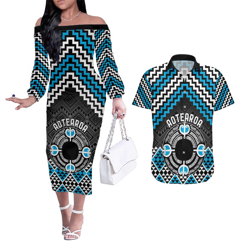 Personalised Aotearoa Niho Taniwha Motif Couples Matching Off The Shoulder Long Sleeve Dress and Hawaiian Shirt Blue Style