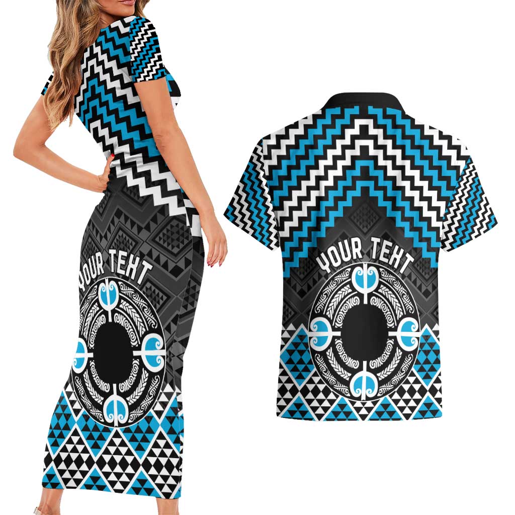 Personalised Aotearoa Niho Taniwha Motif Couples Matching Short Sleeve Bodycon Dress and Hawaiian Shirt Blue Style LT9 - Polynesian Pride