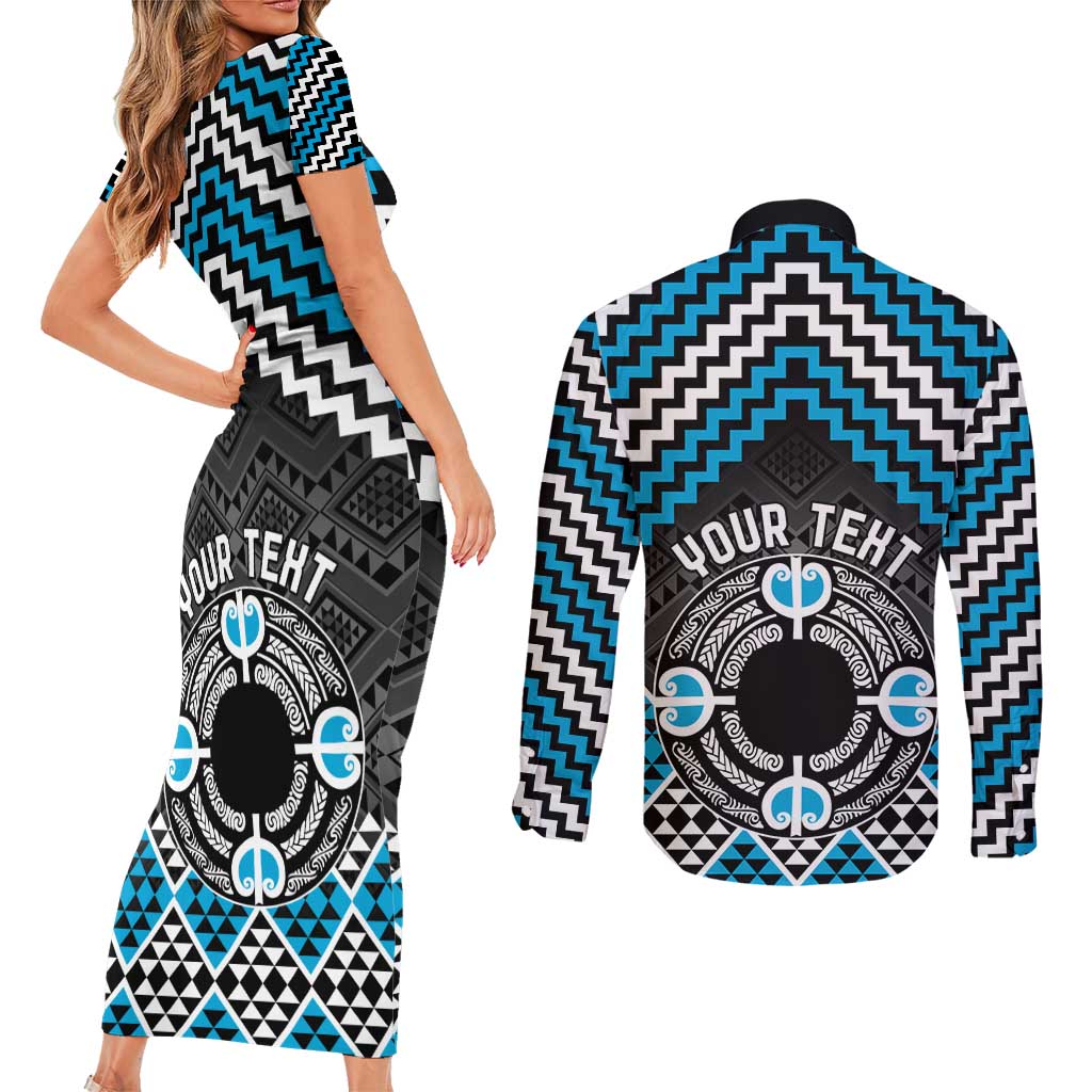 Personalised Aotearoa Niho Taniwha Motif Couples Matching Short Sleeve Bodycon Dress and Long Sleeve Button Shirt Blue Style