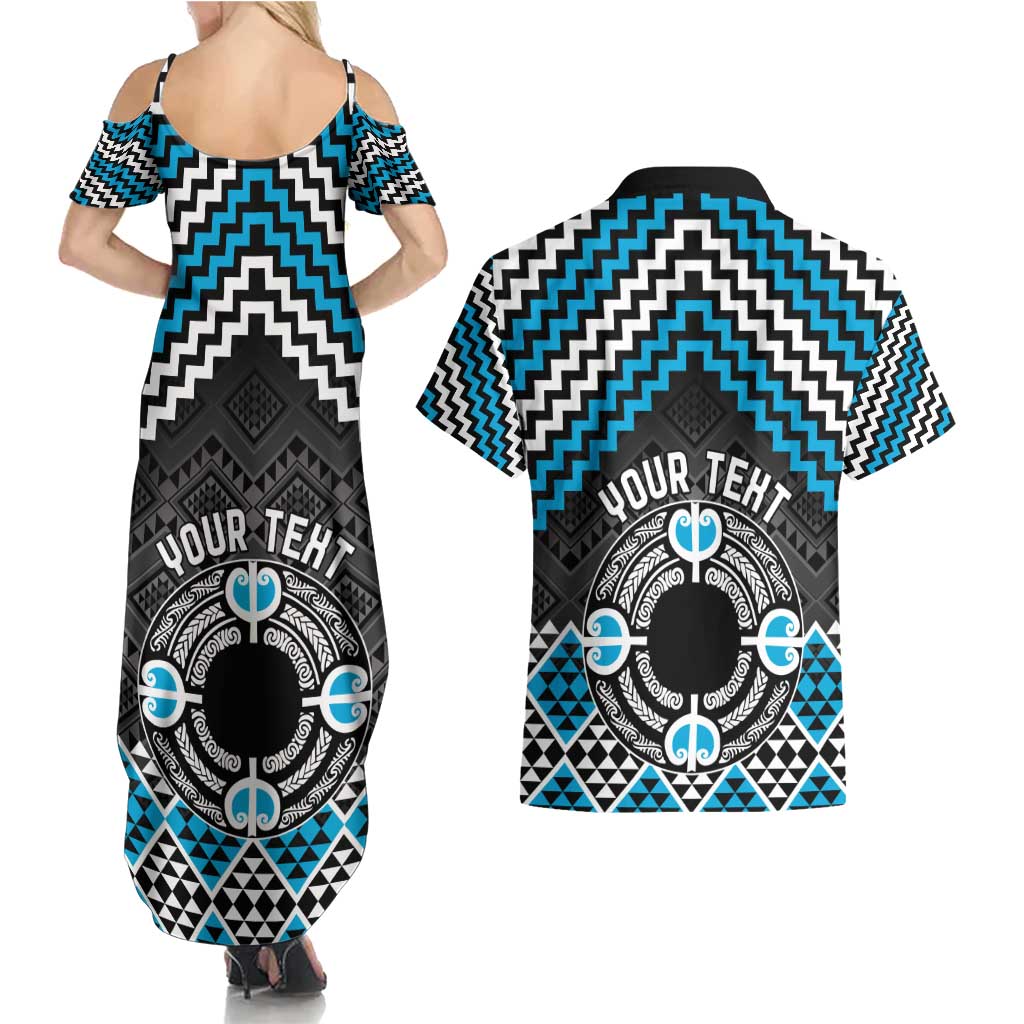 Personalised Aotearoa Niho Taniwha Motif Couples Matching Summer Maxi Dress and Hawaiian Shirt Blue Style LT9 - Polynesian Pride
