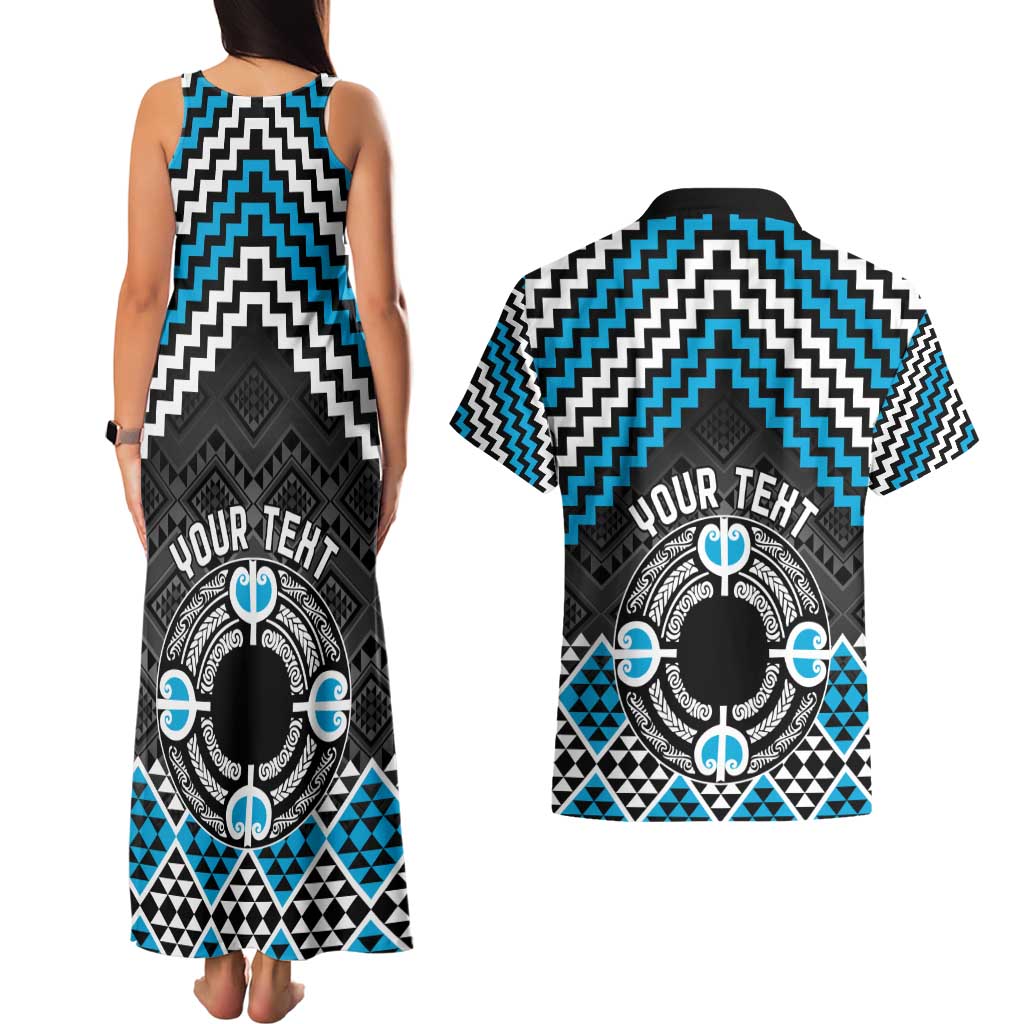 Personalised Aotearoa Niho Taniwha Motif Couples Matching Tank Maxi Dress and Hawaiian Shirt Blue Style LT9 - Polynesian Pride
