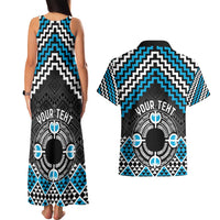Personalised Aotearoa Niho Taniwha Motif Couples Matching Tank Maxi Dress and Hawaiian Shirt Blue Style LT9 - Polynesian Pride
