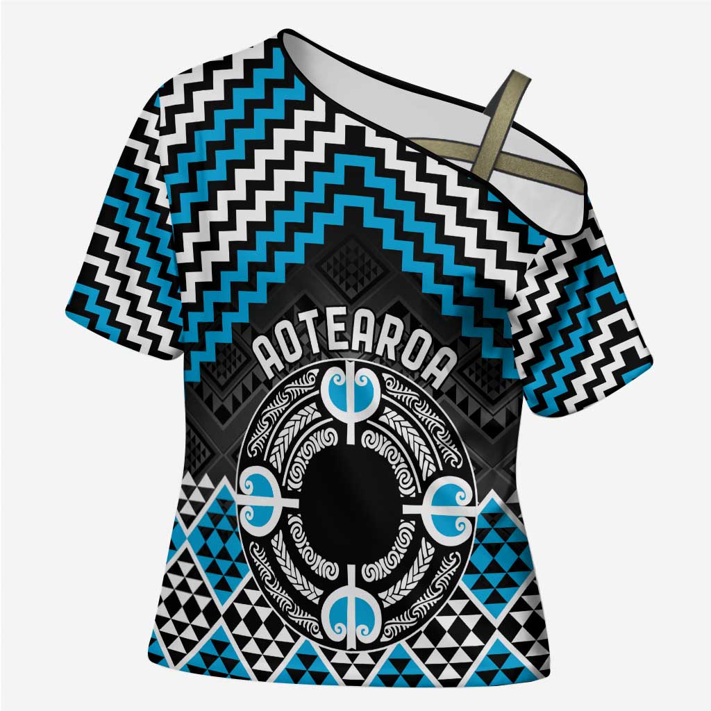 Personalised Aotearoa Niho Taniwha Motif Cross Shoulder Shirt Blue Style - Polynesian Pride