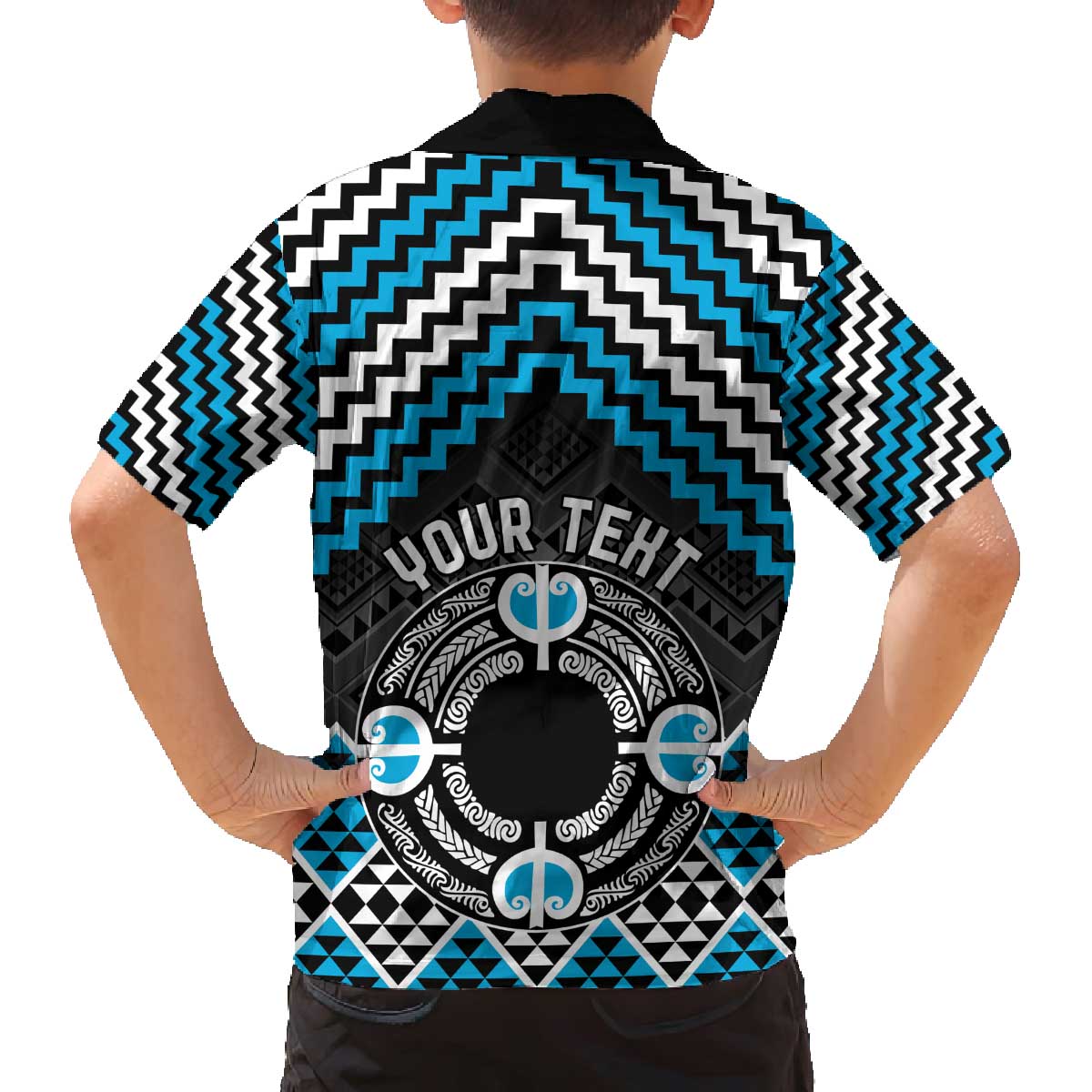 Personalised Aotearoa Niho Taniwha Motif Family Matching Off The Shoulder Long Sleeve Dress and Hawaiian Shirt Blue Style