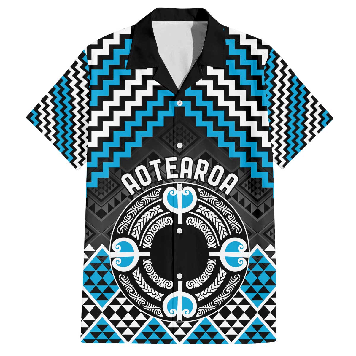 Personalised Aotearoa Niho Taniwha Motif Family Matching Off The Shoulder Long Sleeve Dress and Hawaiian Shirt Blue Style