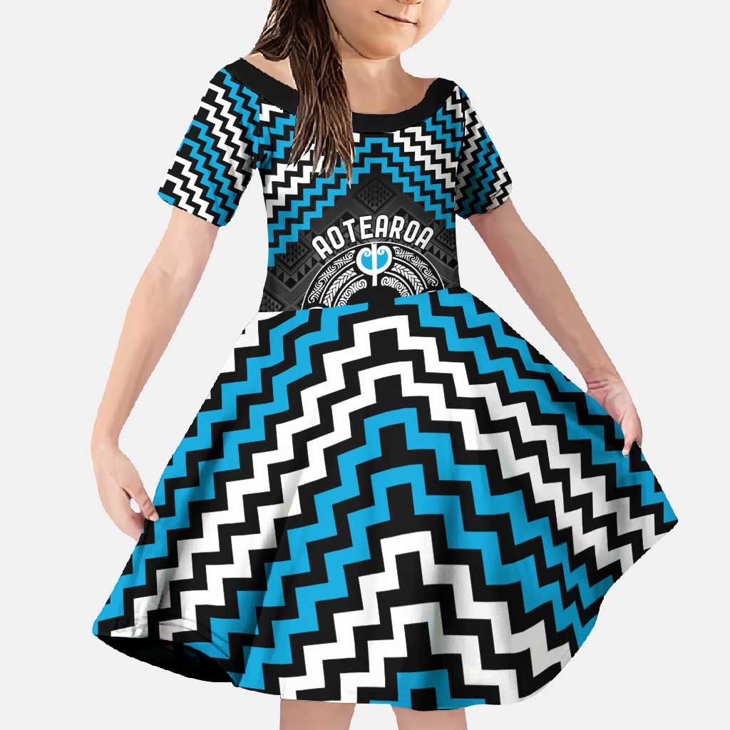 Personalised Aotearoa Niho Taniwha Motif Family Matching Off Shoulder Maxi Dress and Hawaiian Shirt Blue Style LT9 Daughter's Dress Blue - Polynesian Pride