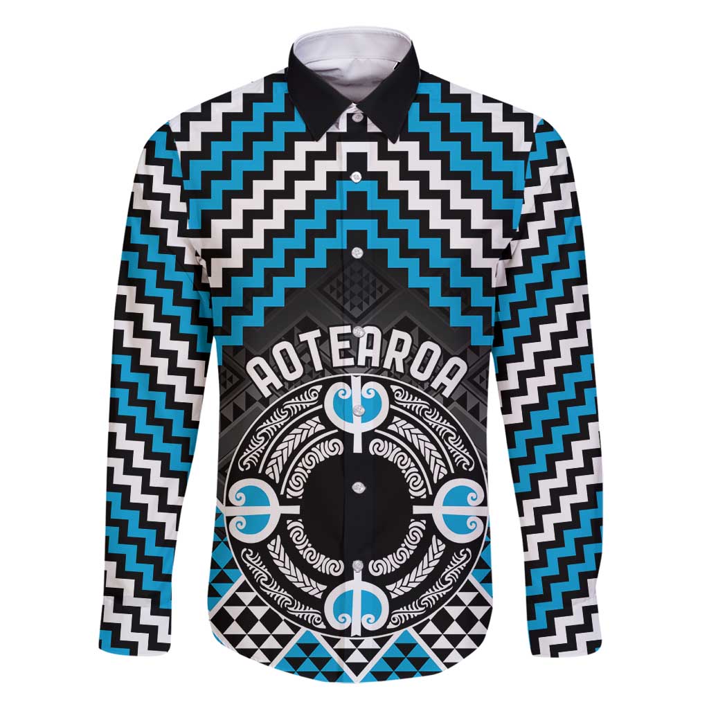 Personalised Aotearoa Niho Taniwha Motif Family Matching Off Shoulder Maxi Dress and Hawaiian Shirt Blue Style LT9 Dad's Shirt - Long Sleeve Blue - Polynesian Pride