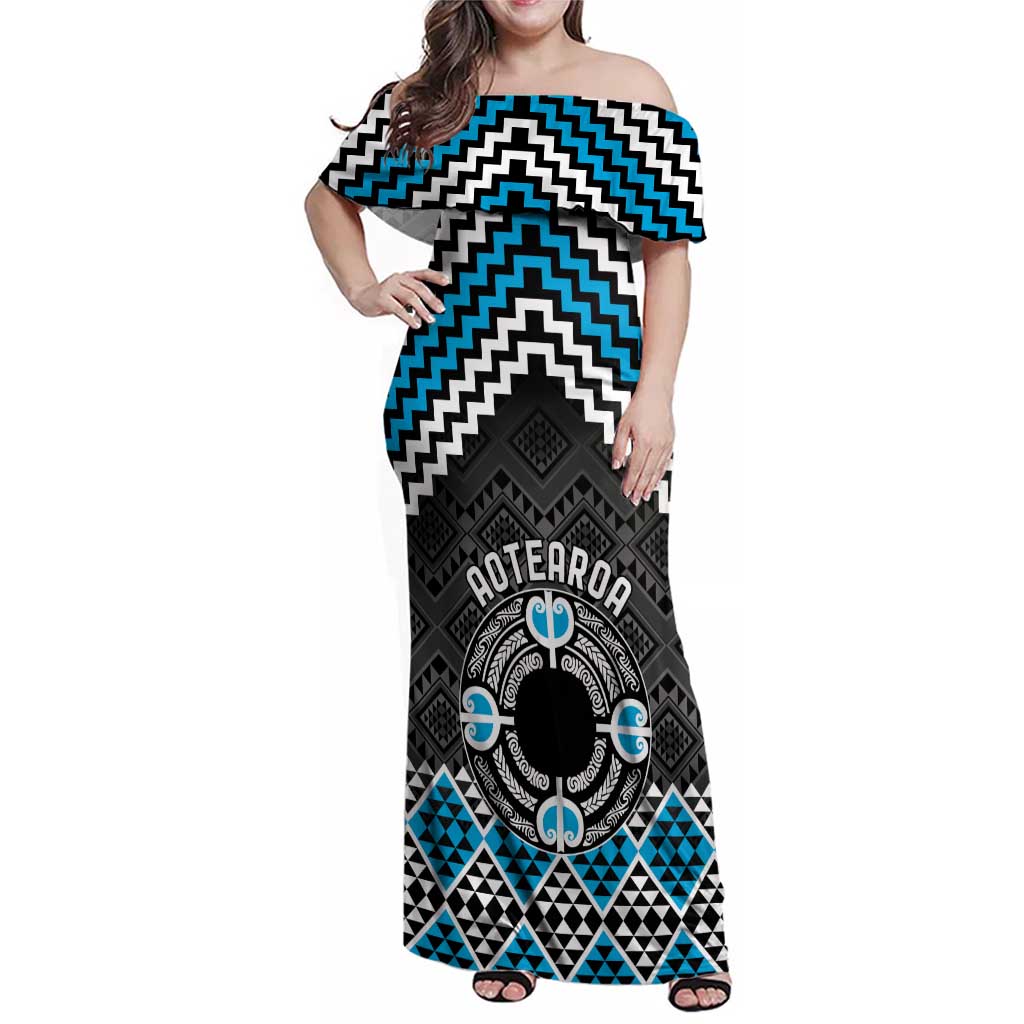 Personalised Aotearoa Niho Taniwha Motif Family Matching Off Shoulder Maxi Dress and Hawaiian Shirt Blue Style LT9 Mom's Dress Blue - Polynesian Pride