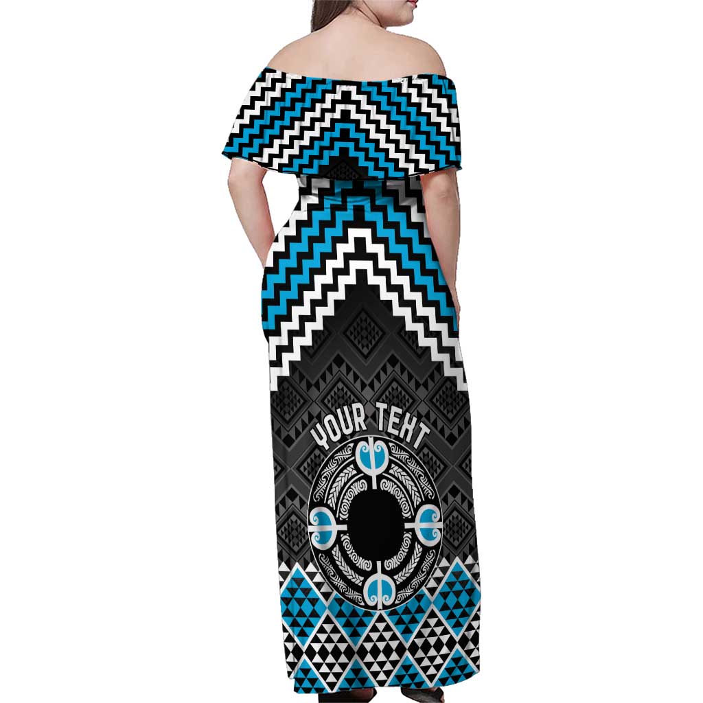 Personalised Aotearoa Niho Taniwha Motif Family Matching Off Shoulder Maxi Dress and Hawaiian Shirt Blue Style LT9 - Polynesian Pride