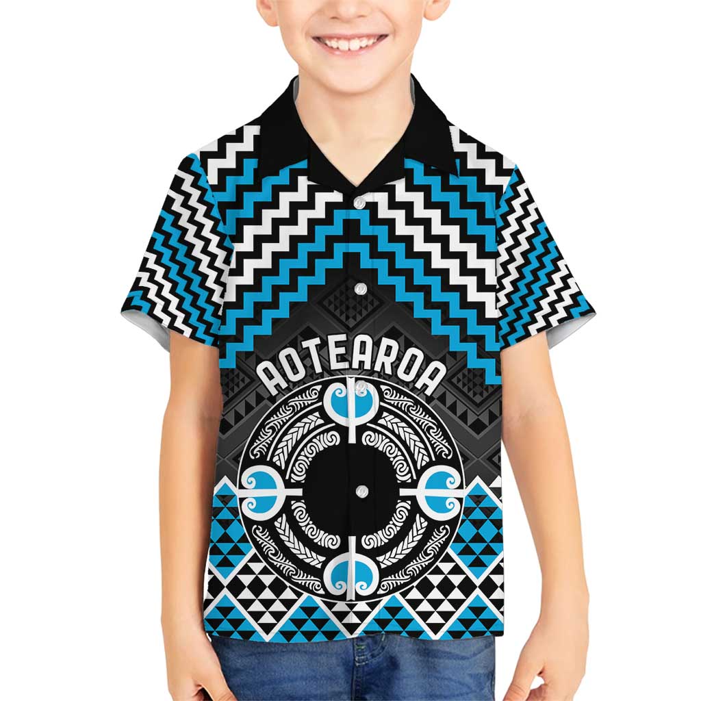 Personalised Aotearoa Niho Taniwha Motif Family Matching Off Shoulder Maxi Dress and Hawaiian Shirt Blue Style LT9 Son's Shirt Blue - Polynesian Pride