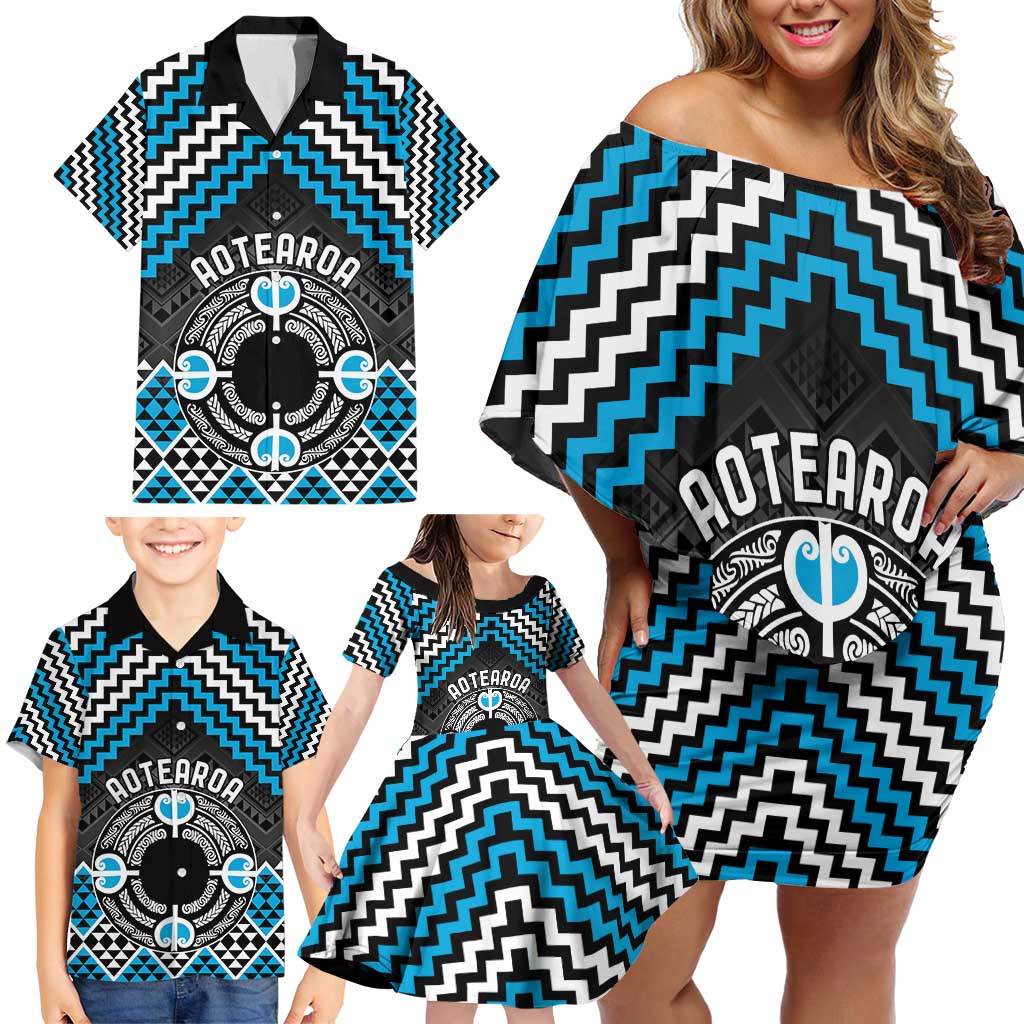 Personalised Aotearoa Niho Taniwha Motif Family Matching Off Shoulder Short Dress and Hawaiian Shirt Blue Style LT9 - Polynesian Pride