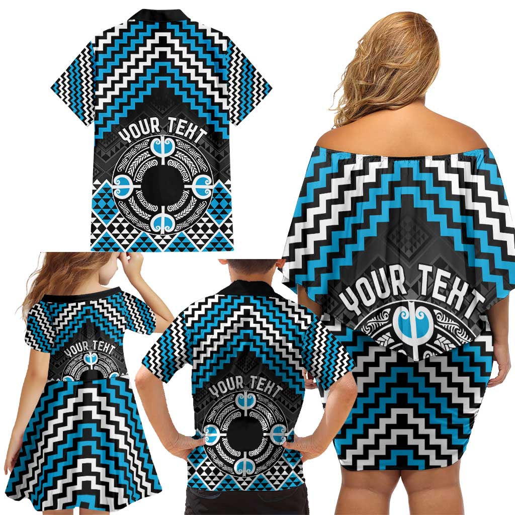 Personalised Aotearoa Niho Taniwha Motif Family Matching Off Shoulder Short Dress and Hawaiian Shirt Blue Style LT9 - Polynesian Pride