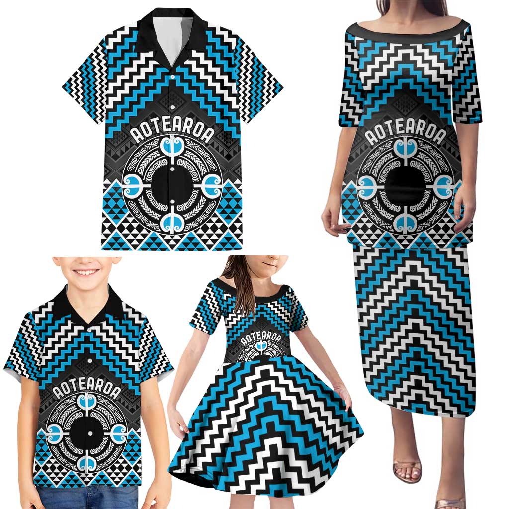 Personalised Aotearoa Niho Taniwha Motif Family Matching Puletasi and Hawaiian Shirt Blue Style LT9 - Polynesian Pride