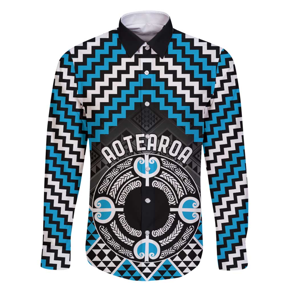 Personalised Aotearoa Niho Taniwha Motif Family Matching Puletasi and Hawaiian Shirt Blue Style LT9 Dad's Shirt - Long Sleeve Blue - Polynesian Pride