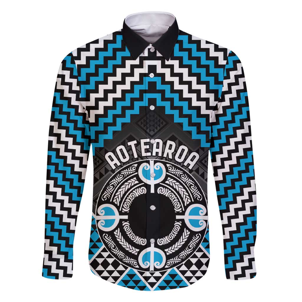 Personalised Aotearoa Niho Taniwha Motif Family Matching Short Sleeve Bodycon Dress and Hawaiian Shirt Blue Style