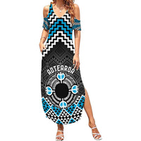Personalised Aotearoa Niho Taniwha Motif Family Matching Summer Maxi Dress and Hawaiian Shirt Blue Style LT9 Mom's Dress Blue - Polynesian Pride