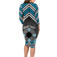 Personalised Aotearoa Niho Taniwha Motif Long Sleeve Bodycon Dress Blue Style