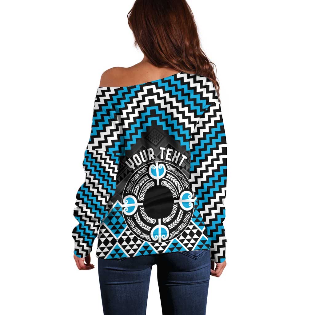 Personalised Aotearoa Niho Taniwha Motif Off Shoulder Sweater Blue Style