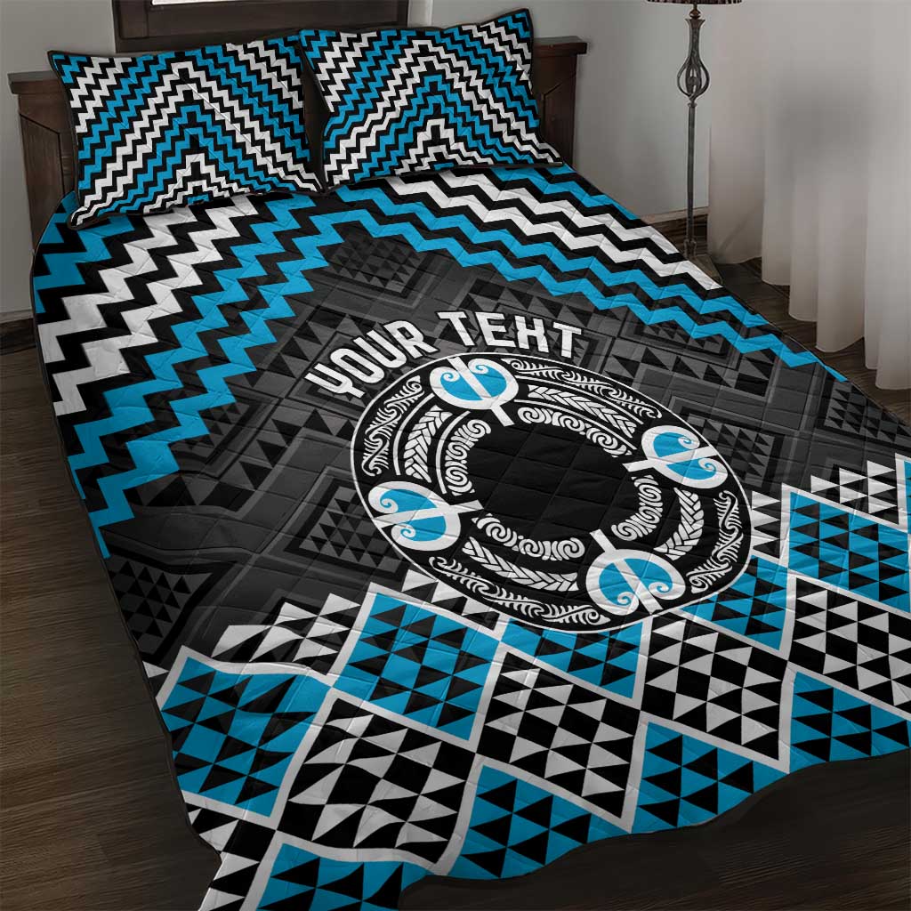 Personalised Aotearoa Niho Taniwha Motif Quilt Bed Set Blue Style